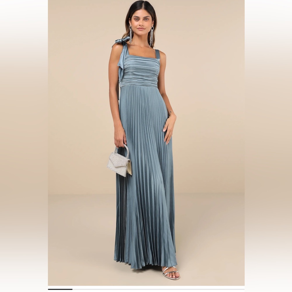 Gorgeous Purpose Slate Satin Pleated Sleeveless Bow Maxi Dress